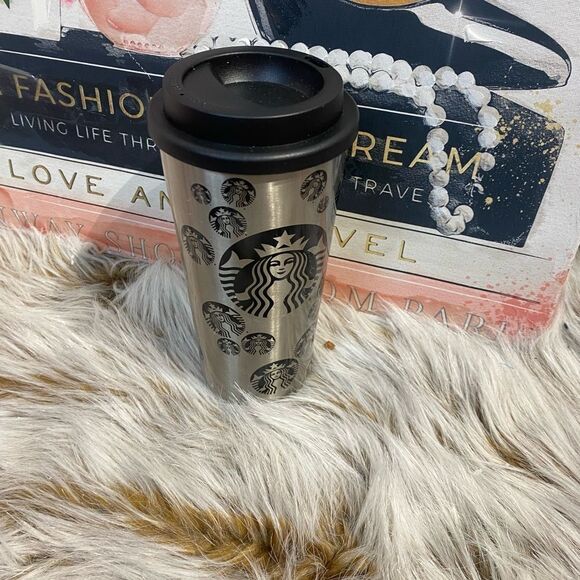 RARE STARBUCKS MERMAID LOGO CIRCLES STAINLESS STEEL TUMBLER LID - Picture 1 of 4